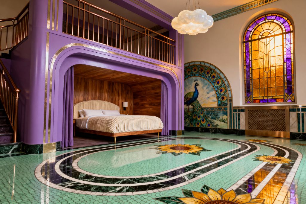 Art Deco kids’ room with a lavender-painted loft featuring brass rails and a curved gold-trimmed arch around a walnut-paneled sleeping alcove with a cream upholstered bed. The floor is a mint-green mosaic with sunflower motifs and dark green and black marble bands, while an arched peacock mural and a large amber-and-violet stained-glass window add color; a cloud-shaped glass pendant and small bedside sconces provide soft lighting.