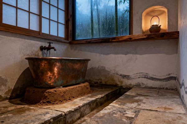 A Wabi-Sabi bathroom features a patinated copper tub on a rough clay base beneath a wall-mounted spout trickling water. Weathered limestone slabs and a shallow floor channel lead to limewashed plaster walls marked by stains and a hand-painted wave. A live-edge wood ledge runs below fogged windows—one a shoji screen, the other showing bamboo outside—while a small ceramic lantern glows in a wall niche, casting warm light.