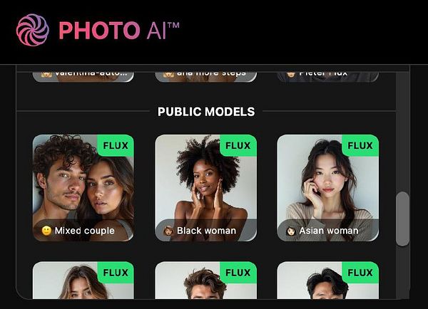 The image displays a user interface for a photo AI application showcasing public model options.