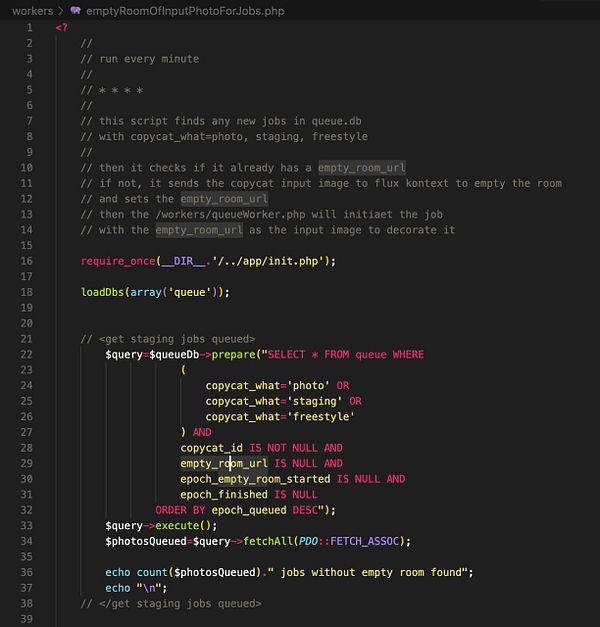 The image displays a code snippet from a PHP script designed to manage jobs in a queue for processing images.