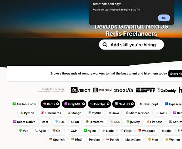 The image displays a webpage from Remote OK with a notification about tag limits.