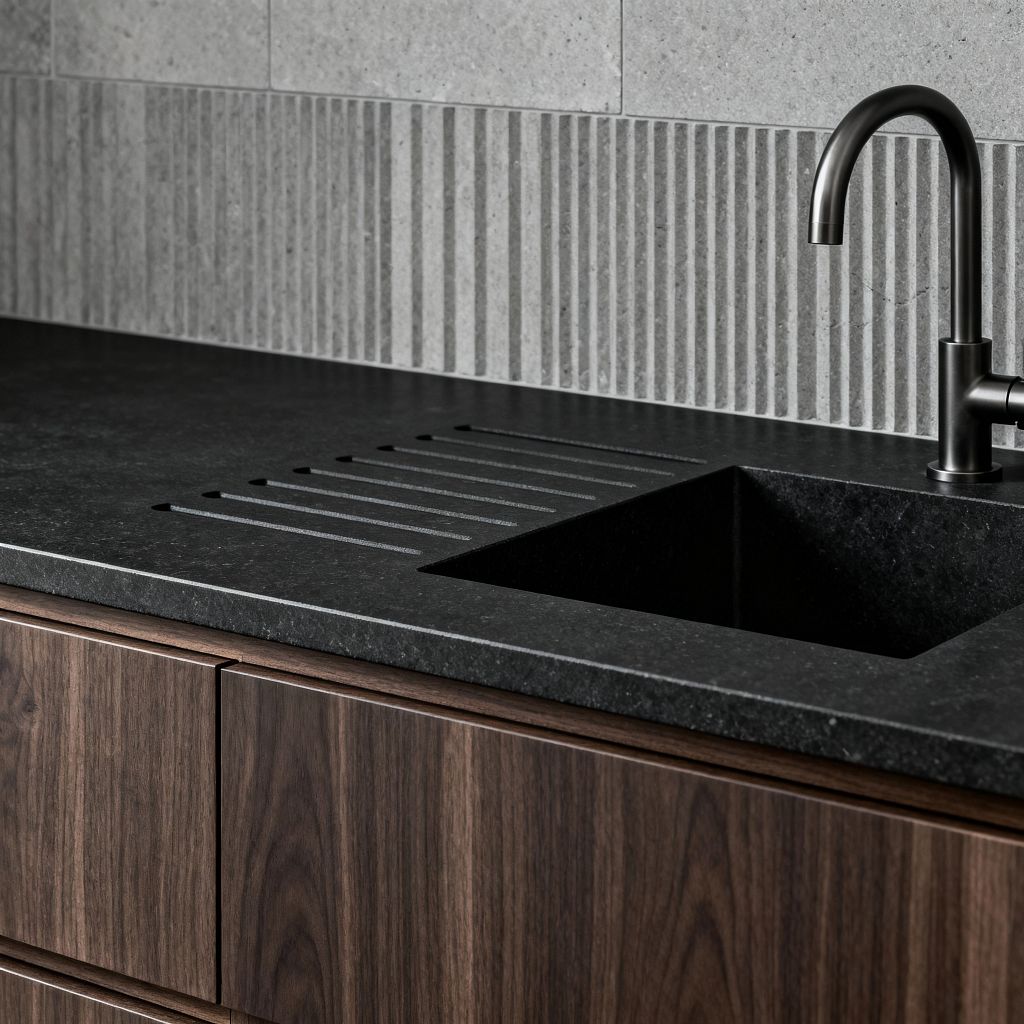 Close-up of a minimalist kitchen sink area with flat-front walnut base cabinets supporting a honed black quartz countertop. The integrated square sink has carved drain grooves beside a matte black gooseneck faucet, and the backsplash features light gray porcelain tiles, with a band of vertically fluted pieces beneath smooth slabs, creating subtle texture and tonal contrast.