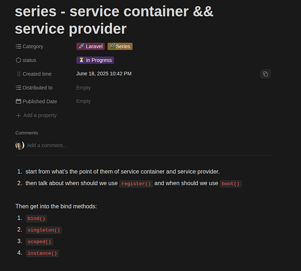The image displays a task management interface focused on Laravel's service container and service provider.