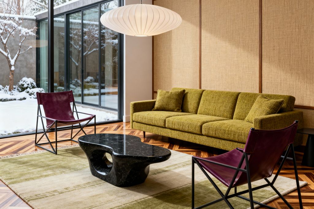 A Mid-Century Modern living room with a low olive-green sofa against tan grasscloth wall panels framed in wood. Two burgundy leather sling chairs with black steel frames face a sculptural black marble coffee table set on a green striped area rug over chevron-patterned hardwood. A white saucer pendant hangs above, and a full-height glass wall opens to a snowy courtyard, filling the room with natural light.