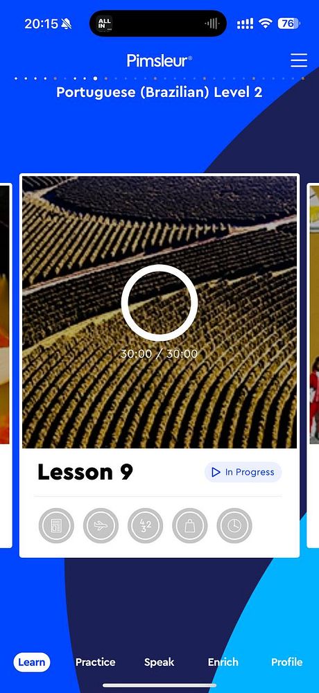 The image displays a mobile app interface for a Portuguese language lesson.