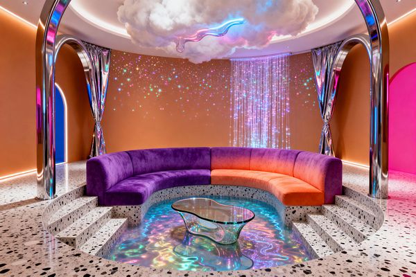 A circular conversation pit with terrazzo steps holds a curved velvet sofa that shifts from deep purple to vivid orange around a freeform glass coffee table above an iridescent, waterlike base. Tangerine walls feature a starry light mural and a curtain of fiber‑optic strands, while chrome arches and metallic drapery frame neon‑lit doorways. Overhead, a sculpted cloud with rainbow LED detail glows, creating a surreal psychedelic living room.