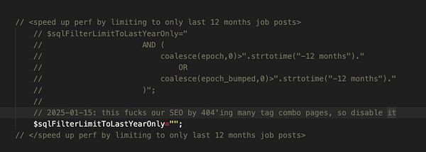 The image displays a code snippet related to SQL performance optimization for job postings.