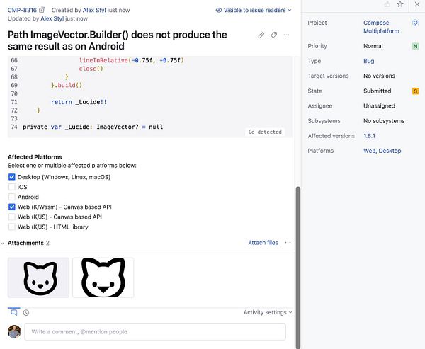 The image displays a bug report in a project management tool regarding rendering issues of Image Vectors on different platforms.