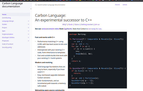 The image displays a section of the Carbon programming language documentation, highlighting its features and a code snippet for sorting.