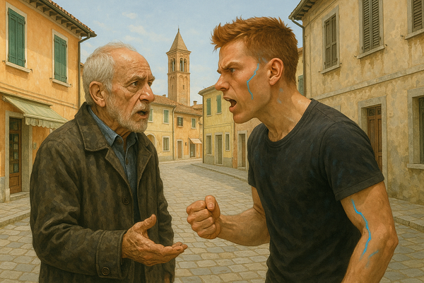A heated argument takes place between a young man and an elderly man in a quaint street setting.