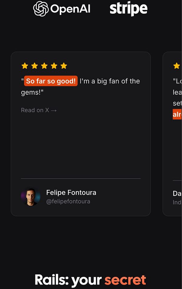 Mobile device screenshot displaying the landing page with a customer testimonials marquee containing scrolling reviews and navigation dots at the bottom.