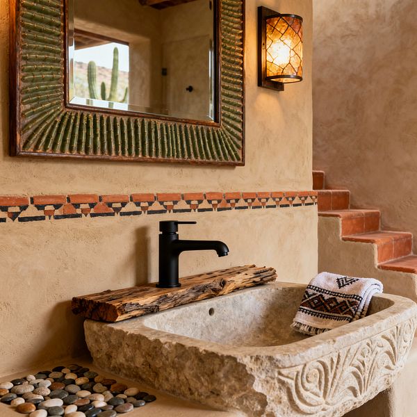 A Southwestern bathroom features a carved limestone sink with scrolling detail and a folded patterned towel, a matte black faucet mounted on a reclaimed wood slab, and a pebble inset beside the basin. Adobe-toned plaster walls carry a terracotta-and-black geometric border beneath a mirror framed in ribbed green glazed ceramic. A warm amber sconce with dark metal mount glows near terracotta stair treads, creating a sunbaked palette of sand, rust, and sage with tactile stone and wood textures.
