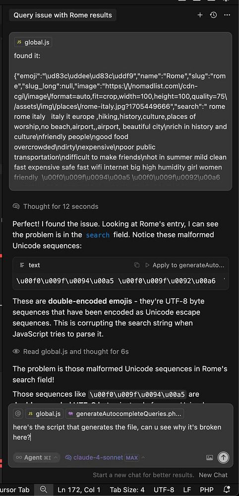 The image displays a coding interface discussing a search issue related to Rome in a task management context.