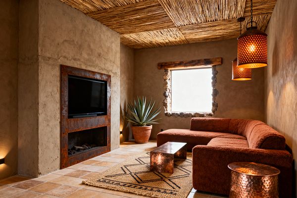Cozy media room with adobe-plaster walls, a reed latilla ceiling, and Saltillo tile flooring. A TV and linear fireplace sit inside a rusted-steel surround; a rust-colored sectional wraps the corner beside a square window framed with rough timber and stone. Hammered copper pendants hang over a matching coffee table and drum side table on a jute rug with a black geometric pattern, while a potted agave in terracotta brings a sculptural desert touch.