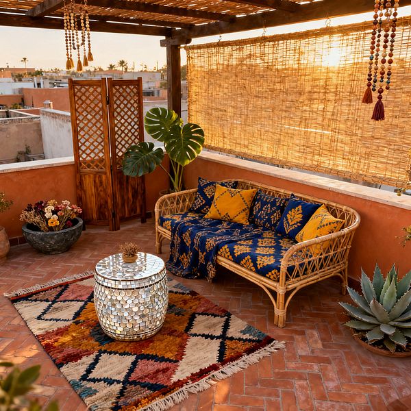 A sunlit rooftop patio features a rattan sofa against a terracotta stucco wall, styled with indigo and mustard botanical cushions and a matching throw. A mirrored mosaic drum table rests on a diamond-pattern kilim rug over herringbone terracotta tiles. A bamboo roll-up screen and wood pergola filter warm light, while a lattice folding screen, beaded tassels, a potted monstera and agave, and a bowl of dried flowers complete the scene.