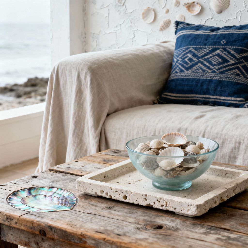 A coastal living room vignette shows a linen-draped sofa with an indigo geometric pillow beside a bright window overlooking a rocky shoreline. In front, a weathered driftwood coffee table holds a porous travertine tray and a clear sea-glass–tinted bowl of assorted seashells; an iridescent abalone inlay decorates the tabletop, and a textured white plaster wall behind the sofa is dotted with mounted shells, all lit by soft natural light.