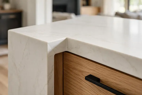 A close-up view of a kitchen island corner shows a thick white stone waterfall countertop with subtle gray veining wrapping over the edge. Beneath it, warm oak cabinetry and a slim black metal handle add contrast, creating a refined transitional look.