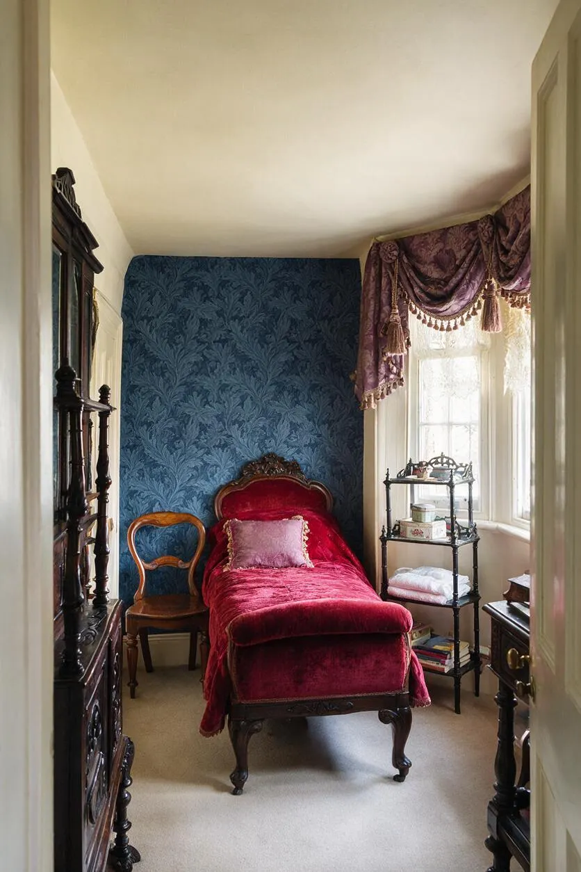 A narrow Victorian guest bedroom with a deep blue patterned wallpaper accent wall, a red velvet upholstered daybed centered in the room, and a carved wooden chair beside it. Lace-trimmed purple drapery frames a bright window, while dark antique wood furniture and a black metal shelf add ornate period detail.