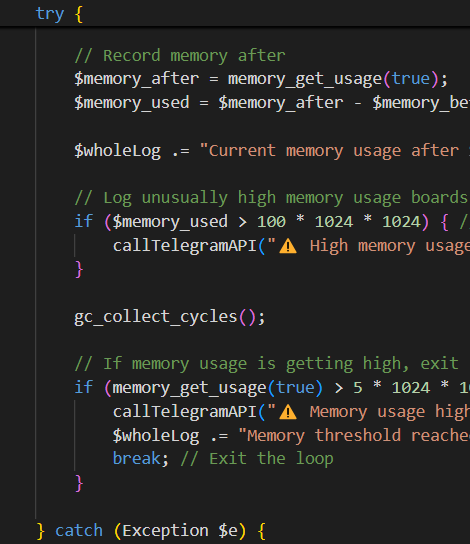The image displays a code snippet for managing memory usage in a job feed loop.