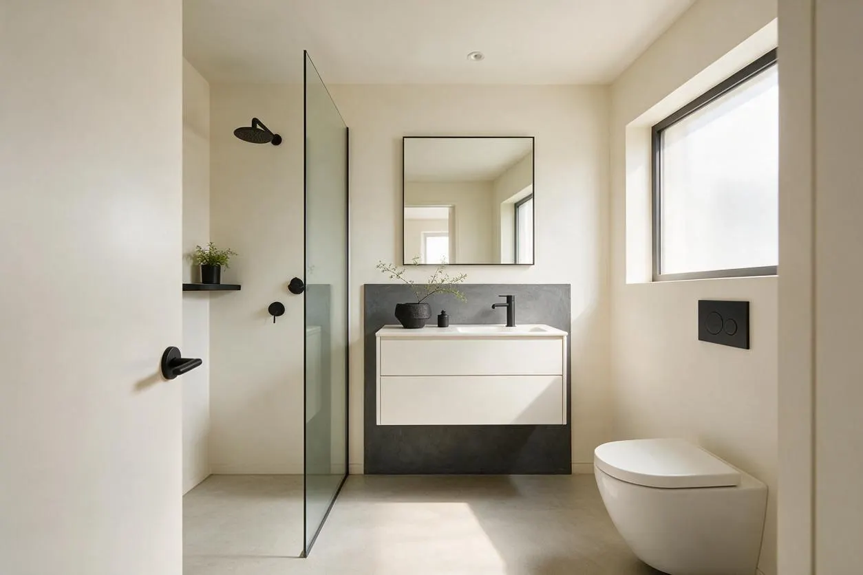 A minimalist master bathroom with cream walls, a frameless glass shower partition, and a floating white vanity set against a dark stone feature wall. A round mirror hangs above the sink, and a wall-mounted toilet sits near a large window that fills the room with natural light.