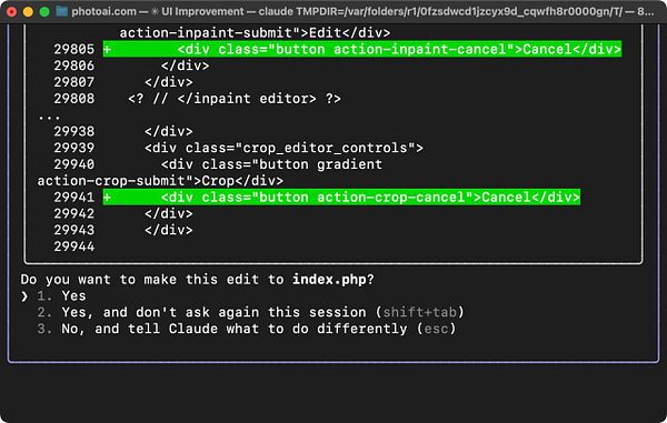 The image displays a code snippet from a UI improvement task for a photo editing application.