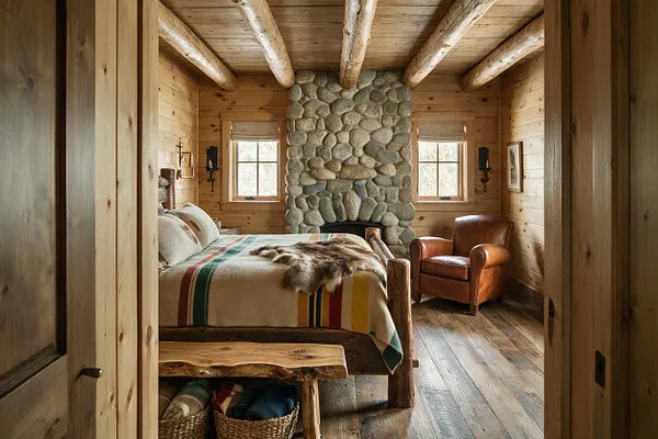 A rustic master bedroom with log-style wood walls, exposed ceiling beams, and a large rounded stone fireplace centered between two windows. The room features a wooden bed with a patterned wool blanket, a leather armchair, and a natural wood bench, creating a warm cabin-like atmosphere.
