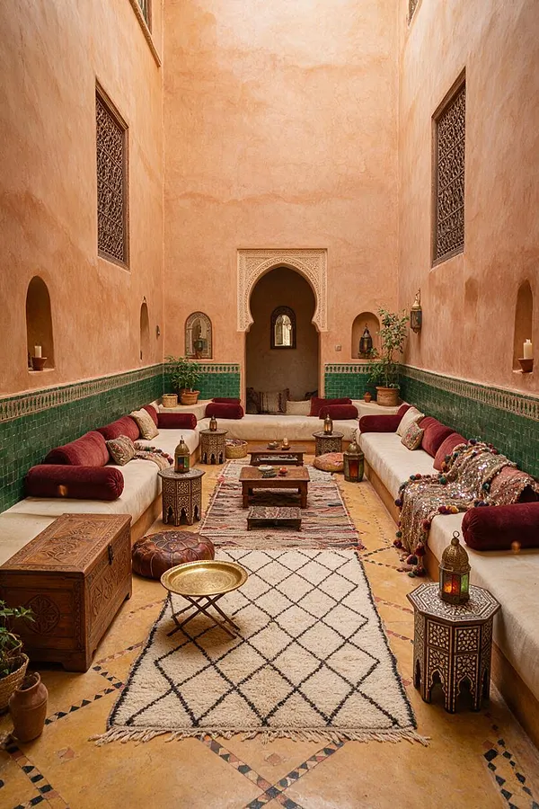 A Moroccan-style backyard courtyard with tall peach plaster walls, green tile wainscoting, and an ornate arched doorway at the far end. Low cream cushions with burgundy bolsters line both sides, while carved lantern tables, rugs, cushions, and brass accents create a warm, layered seating area.