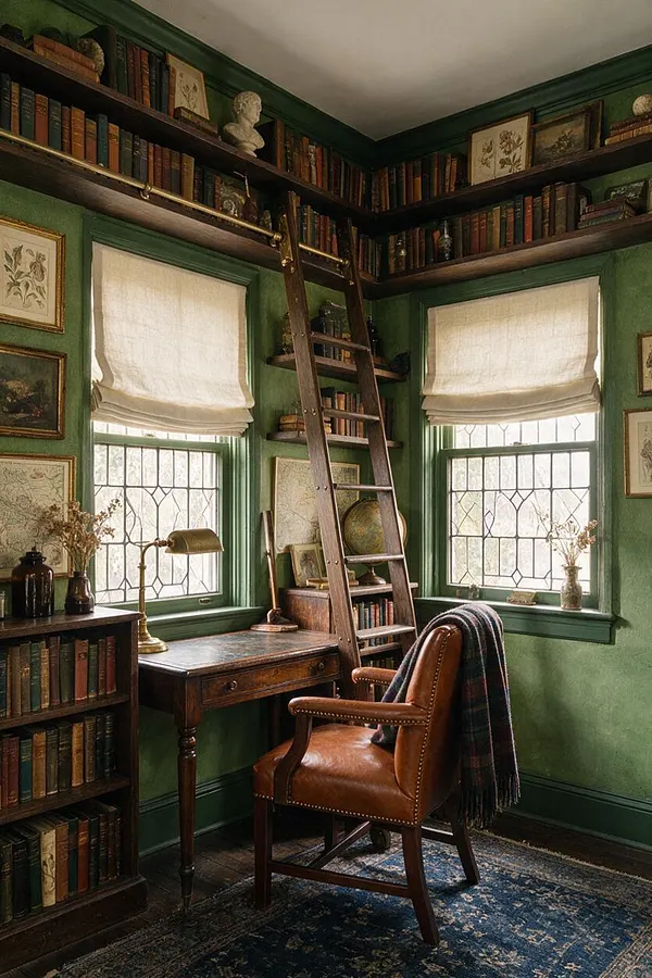 A compact sunroom styled like a dark academia library, with deep green walls, built-in bookshelves near the ceiling, and two tall windows fitted with sheer Roman shades. A wooden desk, brass lamp, leather armchair, ladder, framed botanical art, and layered rug create a scholarly, intimate atmosphere.