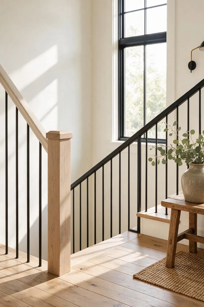A bright farmhouse stair landing with pale oak flooring and a light wood newel post paired with slender black iron balusters and a black handrail. Sunlight falls across the white walls, while a rustic wood bench, woven jute rug, and ceramic vase with greenery add warmth.