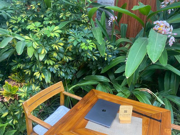 A serene outdoor workspace surrounded by lush greenery.