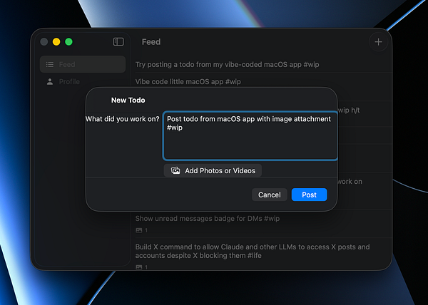 MacOS app window showing a task post interface with an attached nature image and various fields for task details.