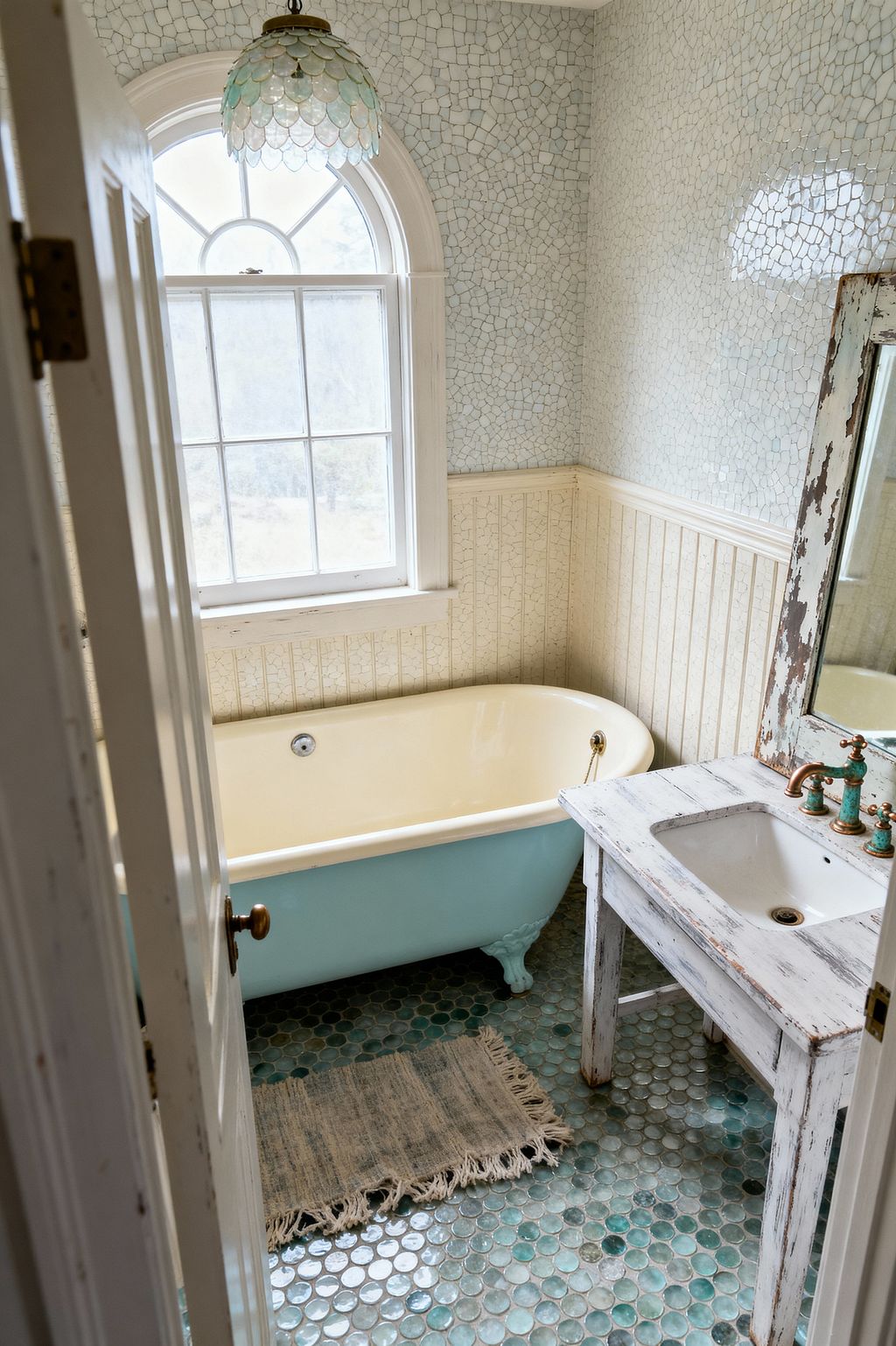 A small shabby chic bathroom features a soft aqua clawfoot tub with an ivory interior beneath an arched window. Walls combine beadboard wainscoting with pale crackle-glazed mosaic tile, while a distressed white wood vanity with antiqued brass taps and a weathered mirror stands on sea-glass green penny-round floor tiles; a scalloped capiz shell pendant and a fringed rug complete the gently aged, light-filled space.
