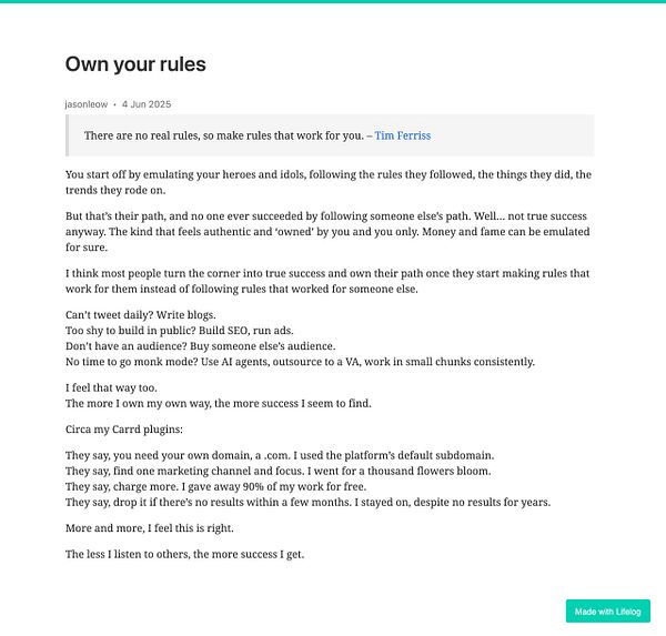 A blog post discussing the importance of creating personal rules for success, featuring a quote from Tim Ferriss.