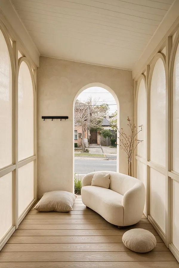 A narrow front porch designed in an organic modern style, with soft beige walls, arched openings, and light wood flooring. A curved cream sofa, neutral floor cushions, and a sparse branch arrangement create a calm, minimalist seating area with warm natural tones.