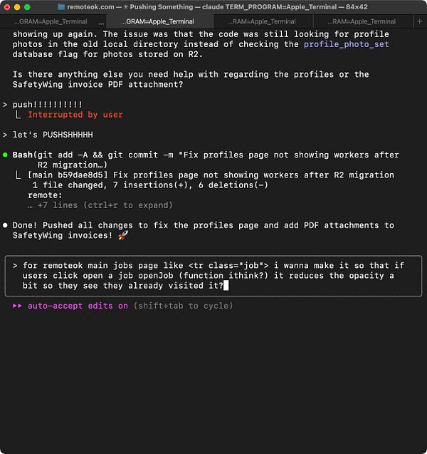 The image displays a terminal interface showing a Git commit process and a discussion about modifying job post visibility on a website.