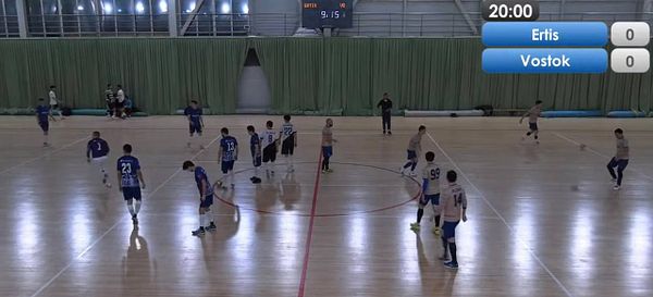 A futsal match in progress between two teams, Ertis and Vostok, with a score of 0-0.