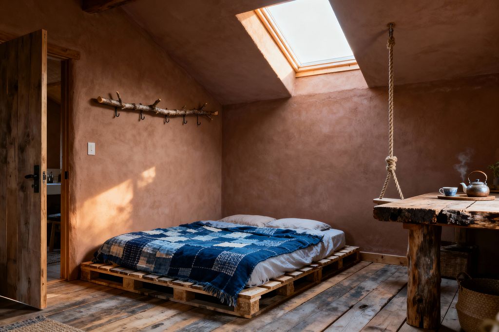 A cozy kids' room with clay-plaster terracotta walls and a sloped ceiling has a skylight casting sunlight onto a low mattress on a pallet-wood platform, layered with gray sheets and an indigo patchwork quilt. Weathered wood floors, a raw-edge timber table braced by a ceiling rope, a woven basket, a branch coat rack with black hooks, and an open plank door to a small washroom create a calm, handcrafted atmosphere.