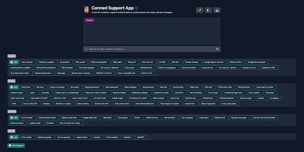 The image displays the interface of the Canned Support App, showcasing various preset messages for customer support.
