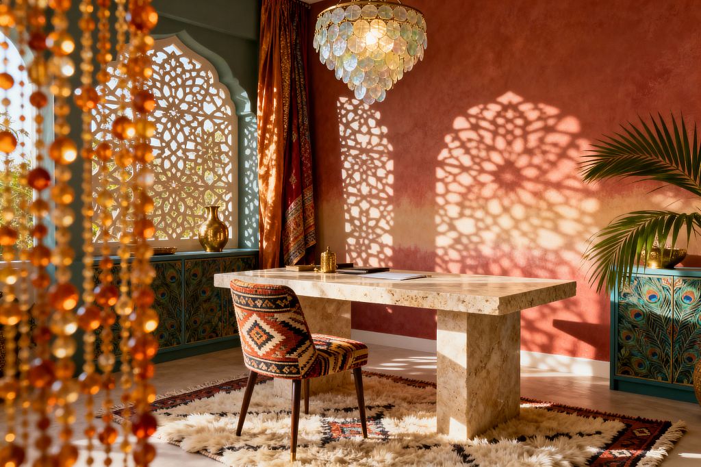 A bohemian home office with a monolithic travertine desk sits on a plush ivory shag rug, paired with a kilim-upholstered chair. Sunlight filters through an arched jali screen, casting lace-like shadows on a terracotta wall beneath a tiered capiz-shell chandelier. Teal cabinetry hand-painted with peacock feathers lines the window wall, accented by brass vessels and a potted palm, while amber bead strands and patterned drapery add warm, jewel-toned texture.