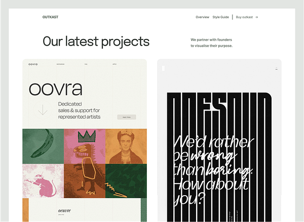 The image features a web design layout showcasing recent projects by Outkast, including a section for 'oovra' and a bold typographic statement.