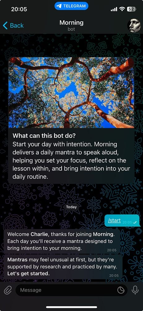 A Telegram chat interface displaying a bot named 'Morning' that provides daily mantras.