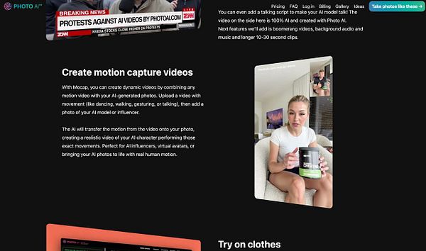A mobile UI screen displaying a Mocap feature implementation in a 3D environment for a photo AI landing page.