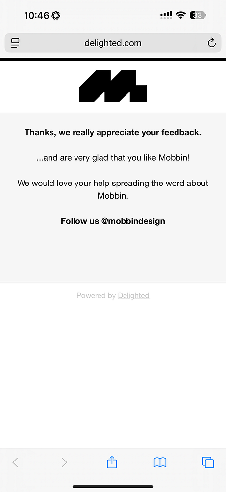 A feedback appreciation message from Delighted regarding Mobbin.