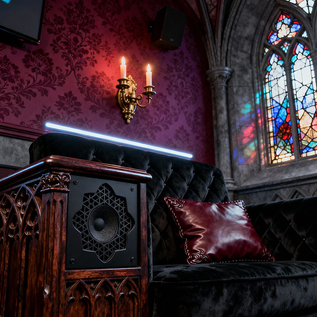 A richly detailed Gothic-style media room shows deep burgundy damask walls with a brass two-arm candle sconce above a tufted black velvet sofa holding a glossy oxblood leather pillow. A carved dark-wood armrest contains a decorative speaker, a slim blue LED strip glows behind the seat, and pointed gray stone arches with a stained-glass window cast multicolored light; a wall speaker and a partial TV screen appear above.