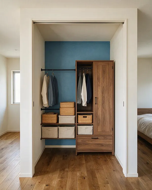 A compact walk-in closet with a blue accent wall, warm wood built-in cabinet, black hanging rods, and woven storage baskets. Light neutral storage bins sit below the rods, and the space is framed by white walls and hardwood flooring.