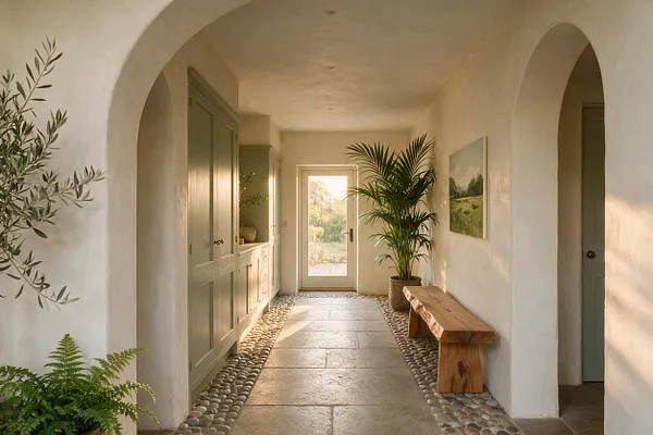 A warm, sunlit entryway with curved arches, pale plaster walls, and muted sage built-in cabinetry. A natural wood bench, pebble border flooring, and several potted and wall-framed plants bring a calm biophilic feel, with soft daylight entering through the glass door at the end of the hall.