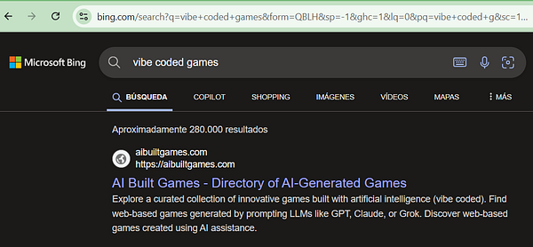 The image displays a Bing search results page for 'vibe coded games'.