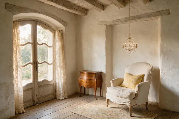 A French Country front porch or sitting nook with plaster walls, exposed wood beams, and wide plank wooden floors. An upholstered cream armchair with a yellow patterned pillow sits beside a small carved wooden chest, while a delicate crystal chandelier hangs overhead and lace curtains frame the arched glass doors.