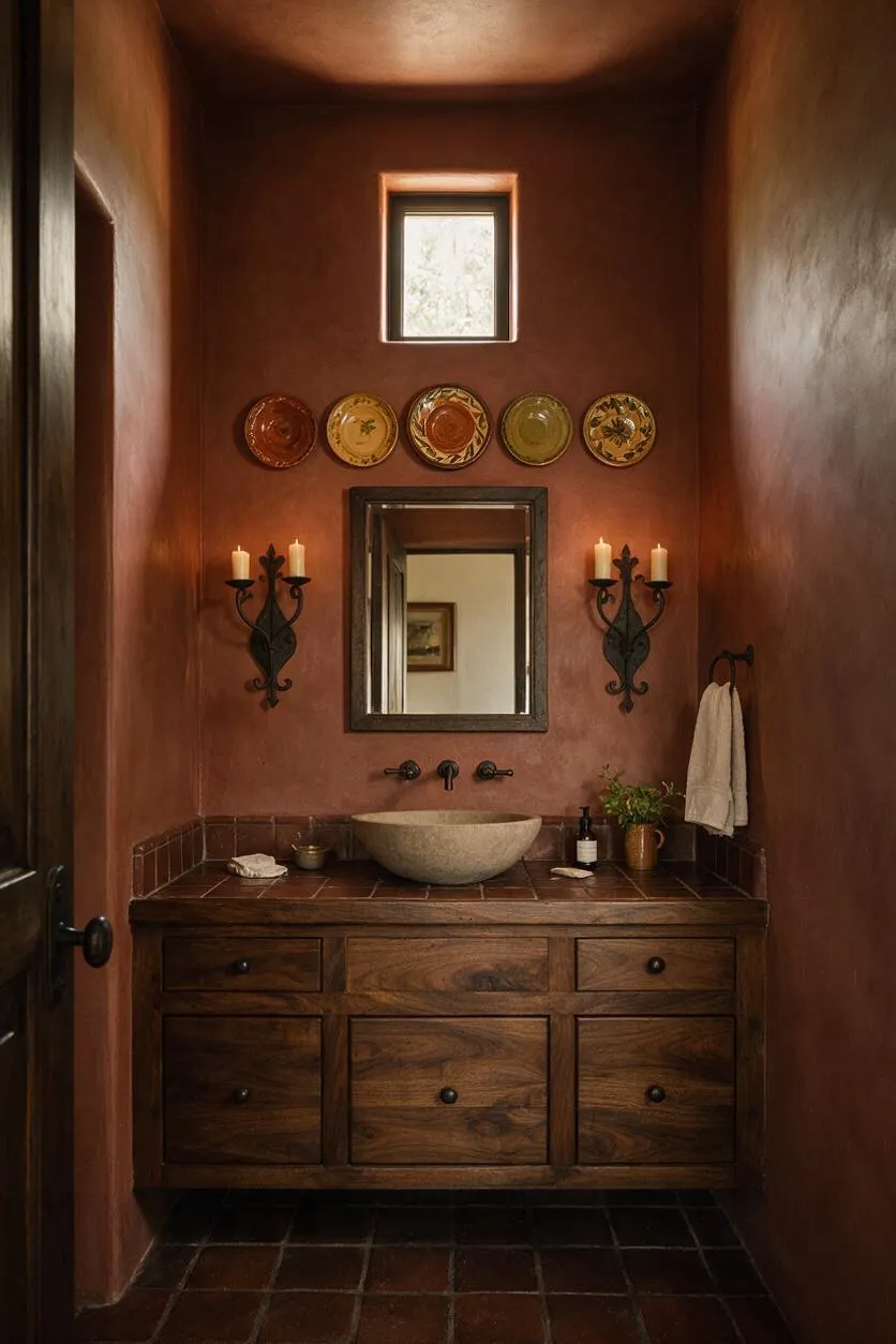 A narrow Mediterranean-style powder room with warm terra-cotta plaster walls, a small high window, and decorative painted plates above a square mirror. The room features a wood vanity with a tiled countertop, a stone vessel sink, wrought-iron candle sconces, and dark terracotta floor tiles.
