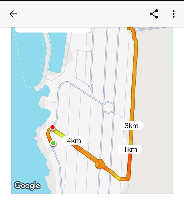 A map displaying a running route with distance markers.